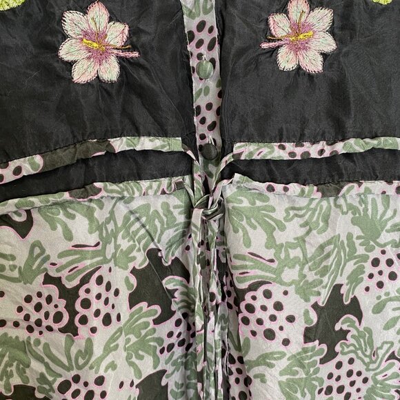 Johnny Was Silk Floral Embroidered Empire Waist Babydoll Long Sleeve Blouse - Picture 4 of 11